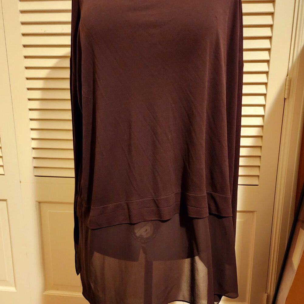 Eileen Fisher 100% Silk Sheer Hem Bateau Neck Tunic Top Brown XL - Picture 3 of 9